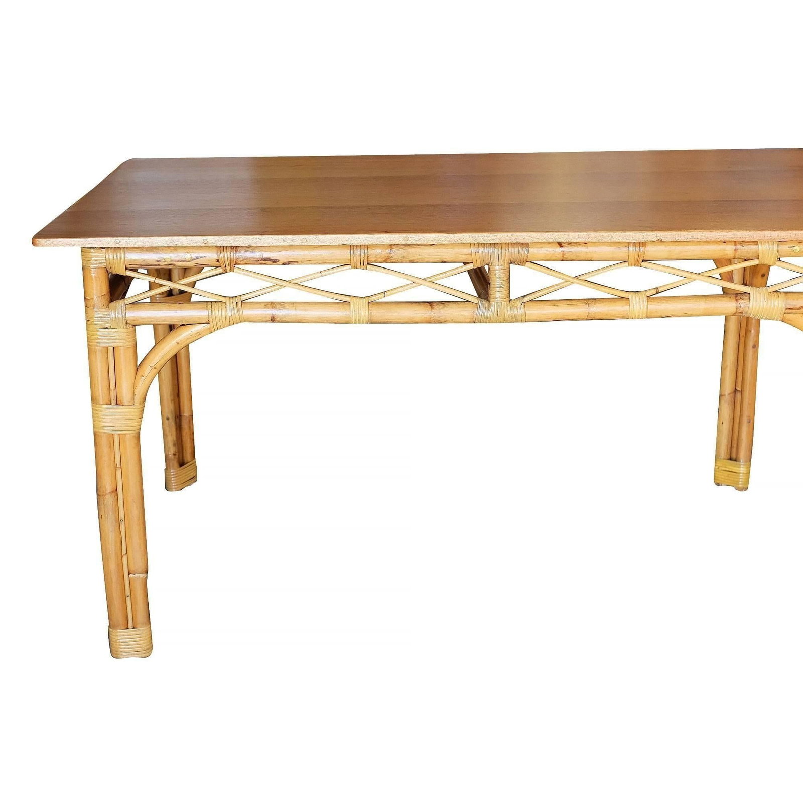 Restored 6 Person Rattan & Mahogany Dining Table - 4