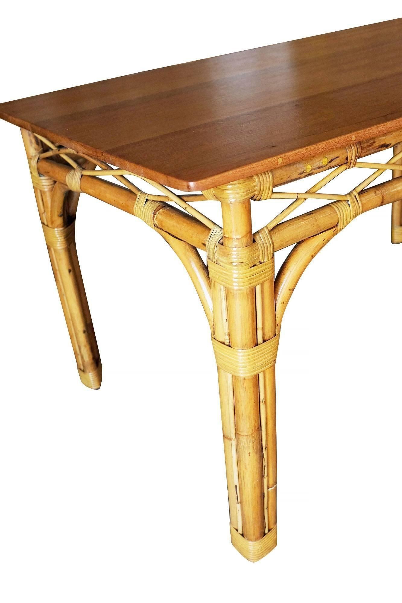 Restored 6 Person Rattan & Mahogany Dining Table - 6