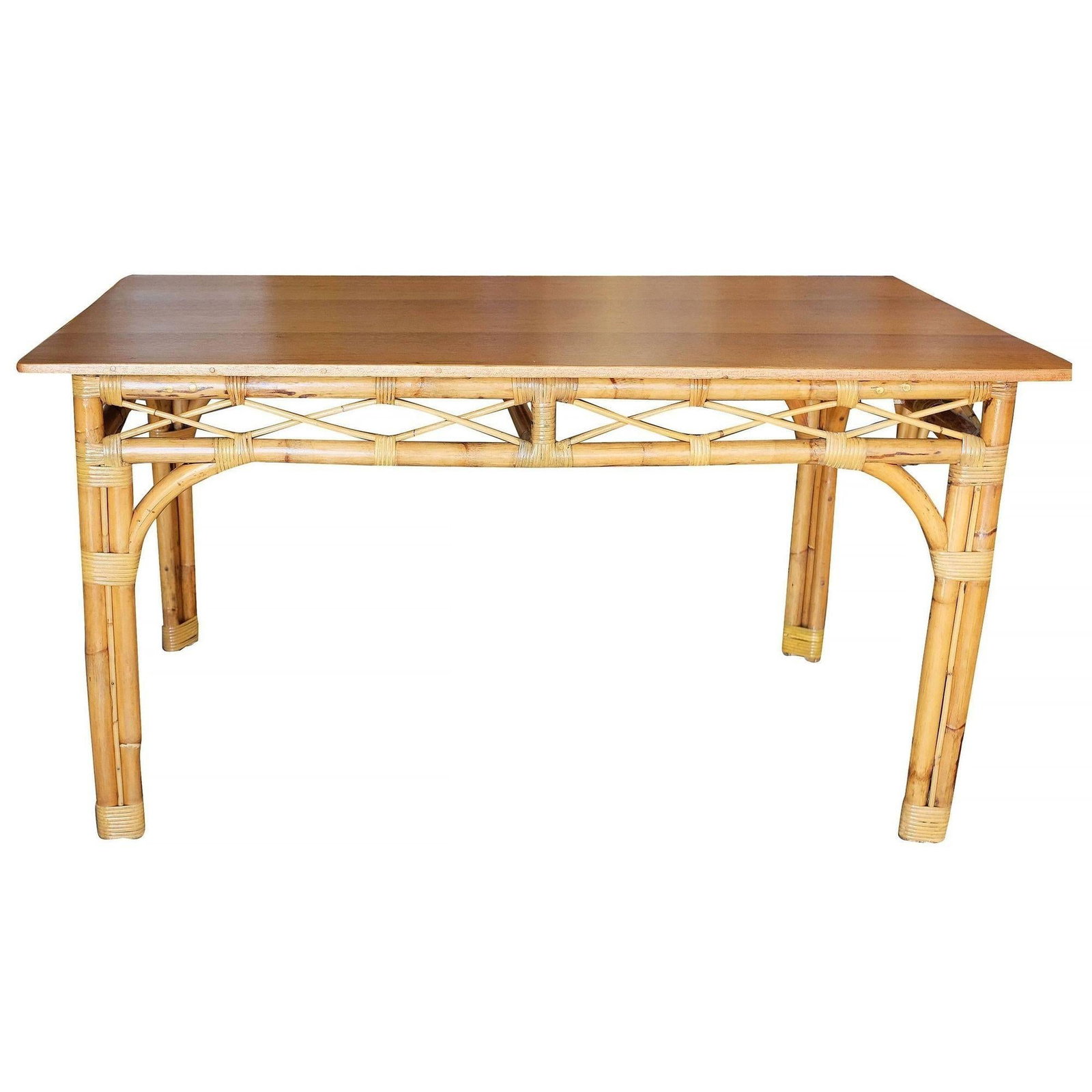 Restored 6 Person Rattan & Mahogany Dining Table - 8