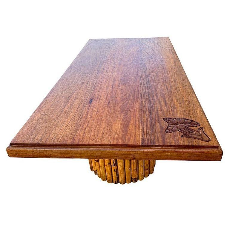 Mid-century Hand Carved Koa Wood Coffee Table w/ Stacked Rattan Legs - 9