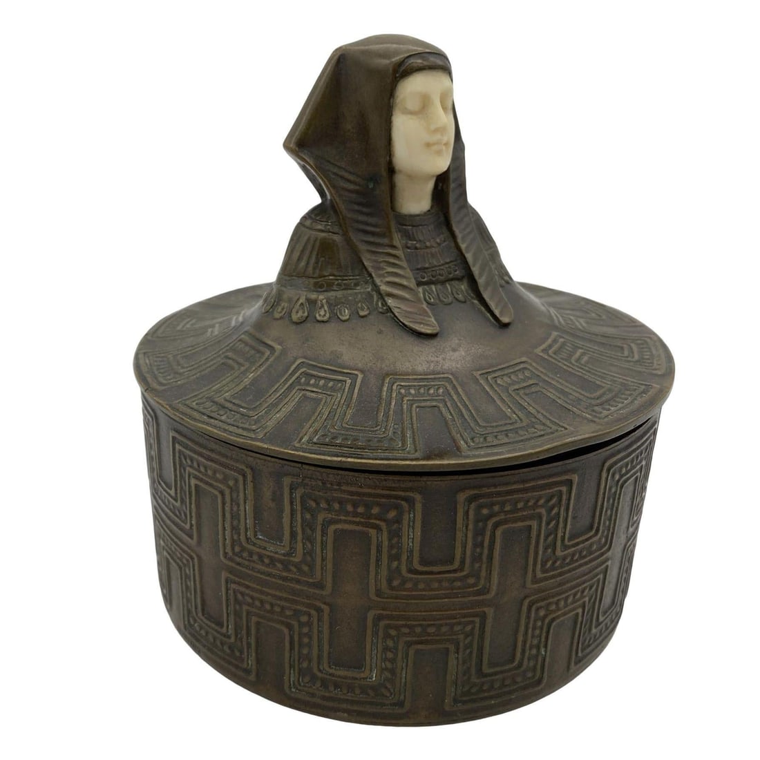 Egyptian Revival Bronze Round Pharaoh Case W/ Carved Bone Face, Circa 1920 - 8