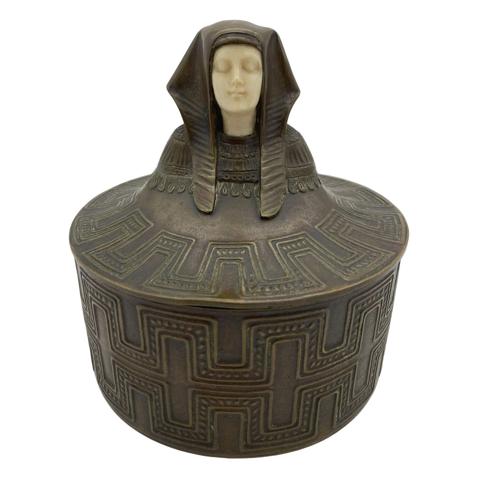 Egyptian Revival Bronze Round Pharaoh Case W/ Carved Bone Face, Circa 1920 - 9