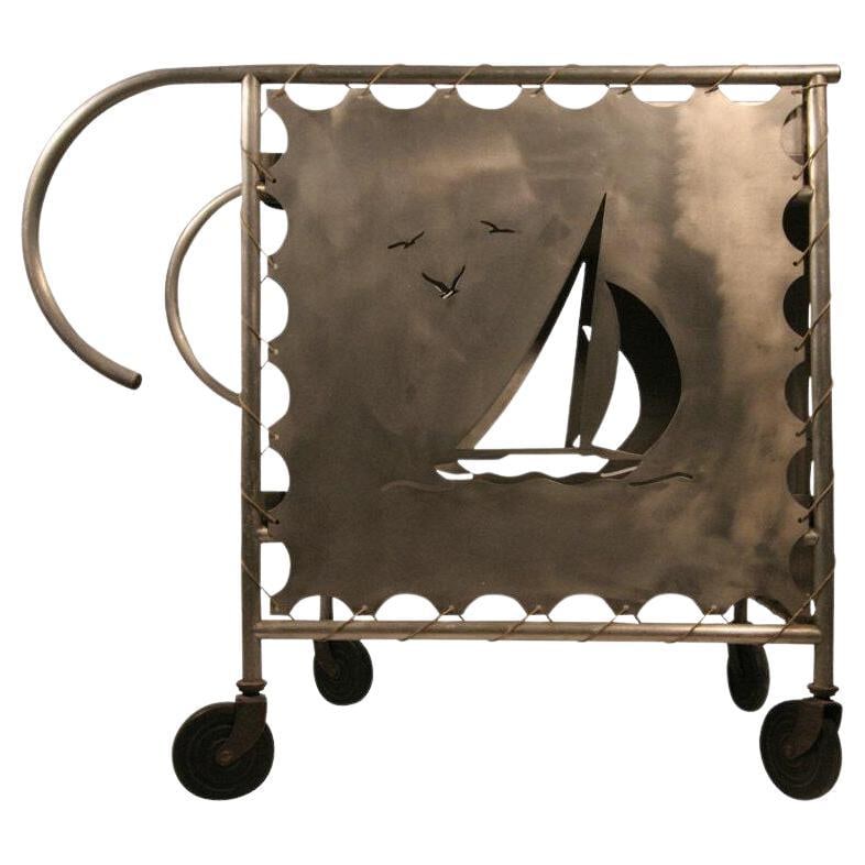 Mid-Century Aluminum Nautically Themed Bar Cart w/ Sailboat Cutouts, 2 Available - 2