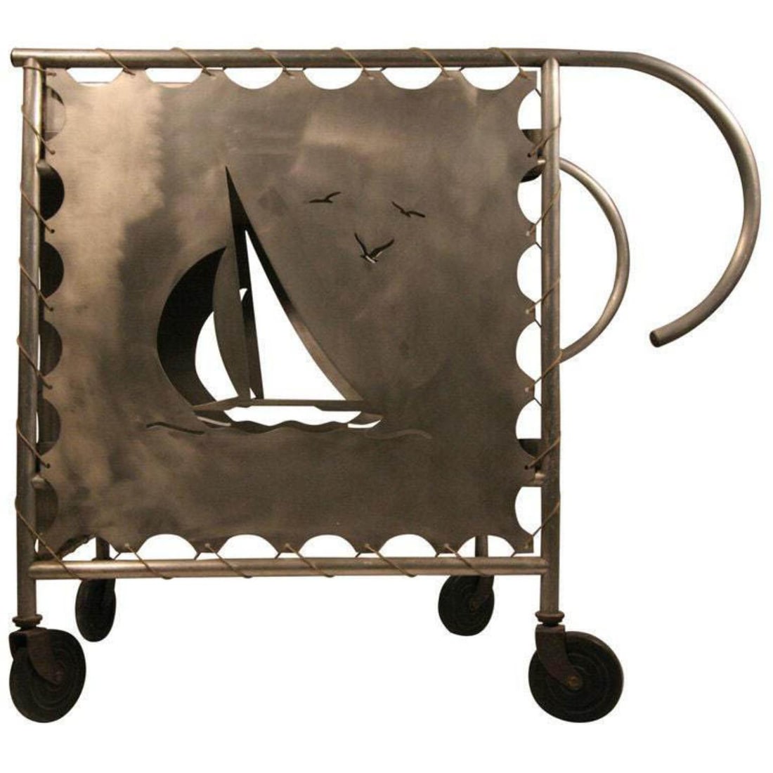 Mid-Century Aluminum Nautically Themed Bar Cart w/ Sailboat Cutouts, 2 Available - 3