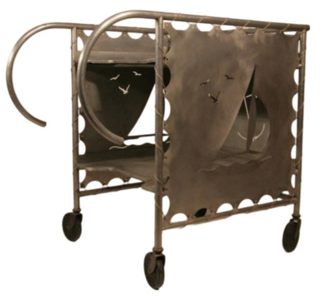 Mid-Century Aluminum Nautically Themed Bar Cart w/ Sailboat Cutouts, 2 Available - 5