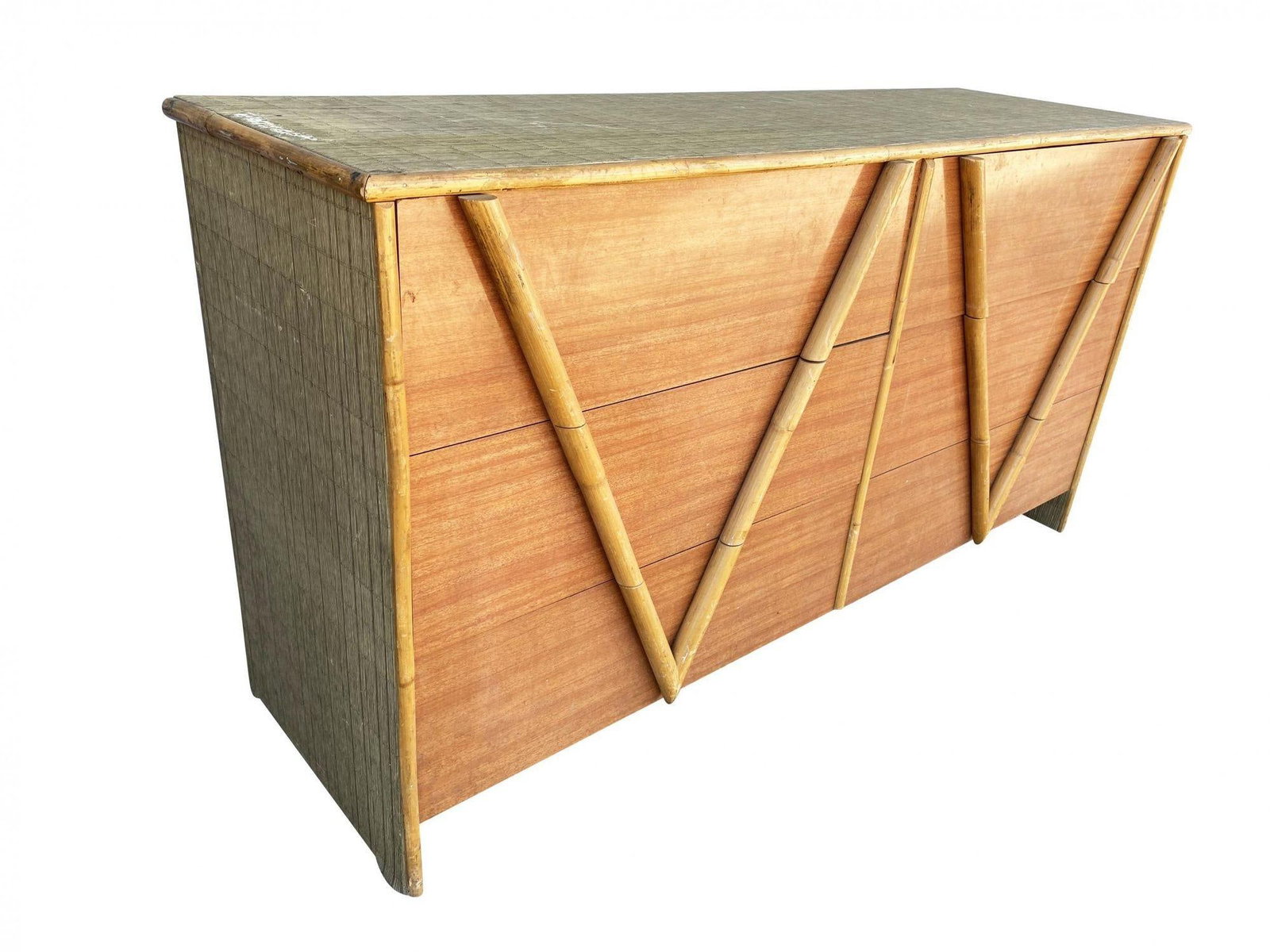 Restored Vintage 1950s Teak and Rice Mat "V" Lowboy Dresser With Rattan - 17