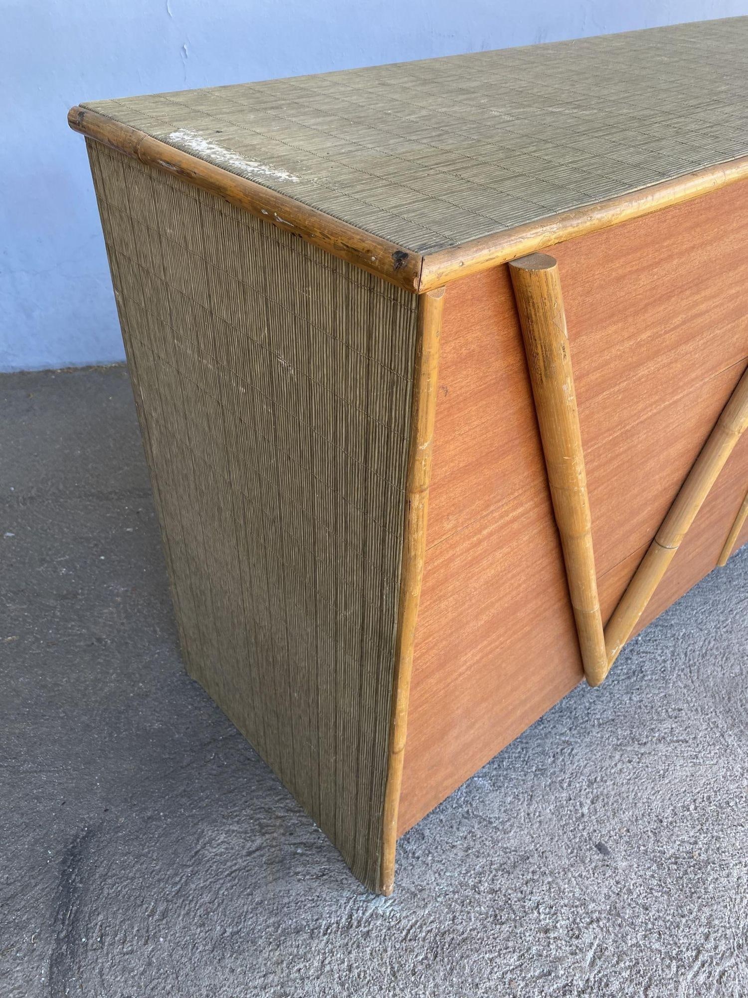 Restored Vintage 1950s Teak and Rice Mat "V" Lowboy Dresser With Rattan - 20