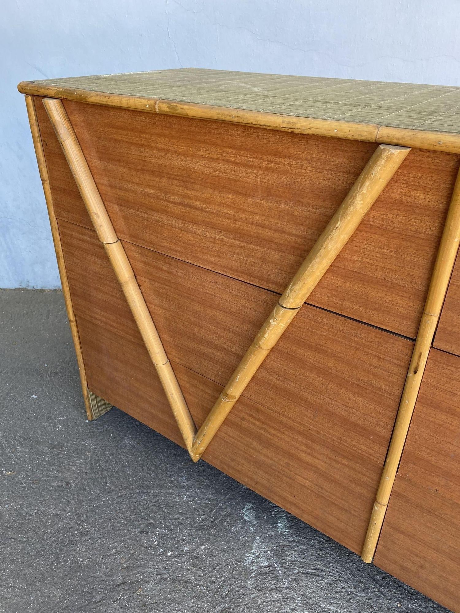Restored Vintage 1950s Teak and Rice Mat "V" Lowboy Dresser With Rattan - 3
