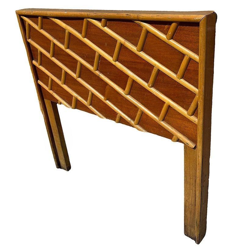 Restored Mid-century Geometric Brick Pattern Rattan & Mahogany Twin Headboad - 9
