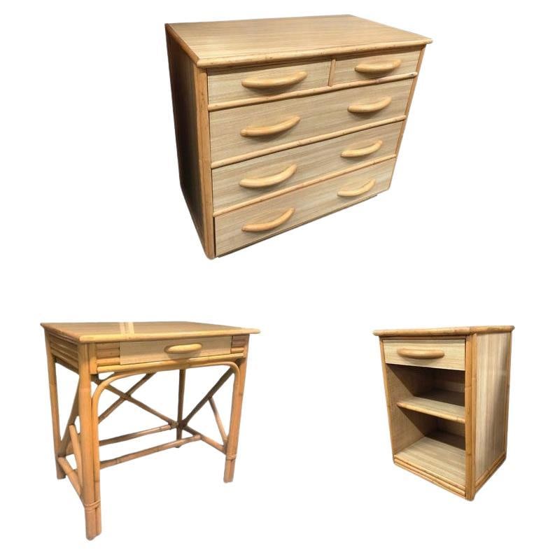 Restored Mid Century Rattan Dresser/Vanity Bedroom Set - 7