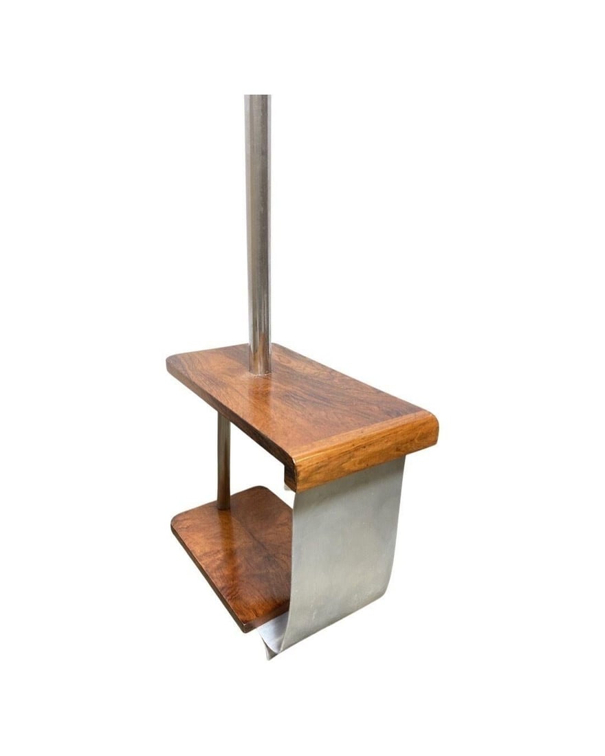 Art Deco Chrome & Wood Torchiere Floor Lamp End Table - 3