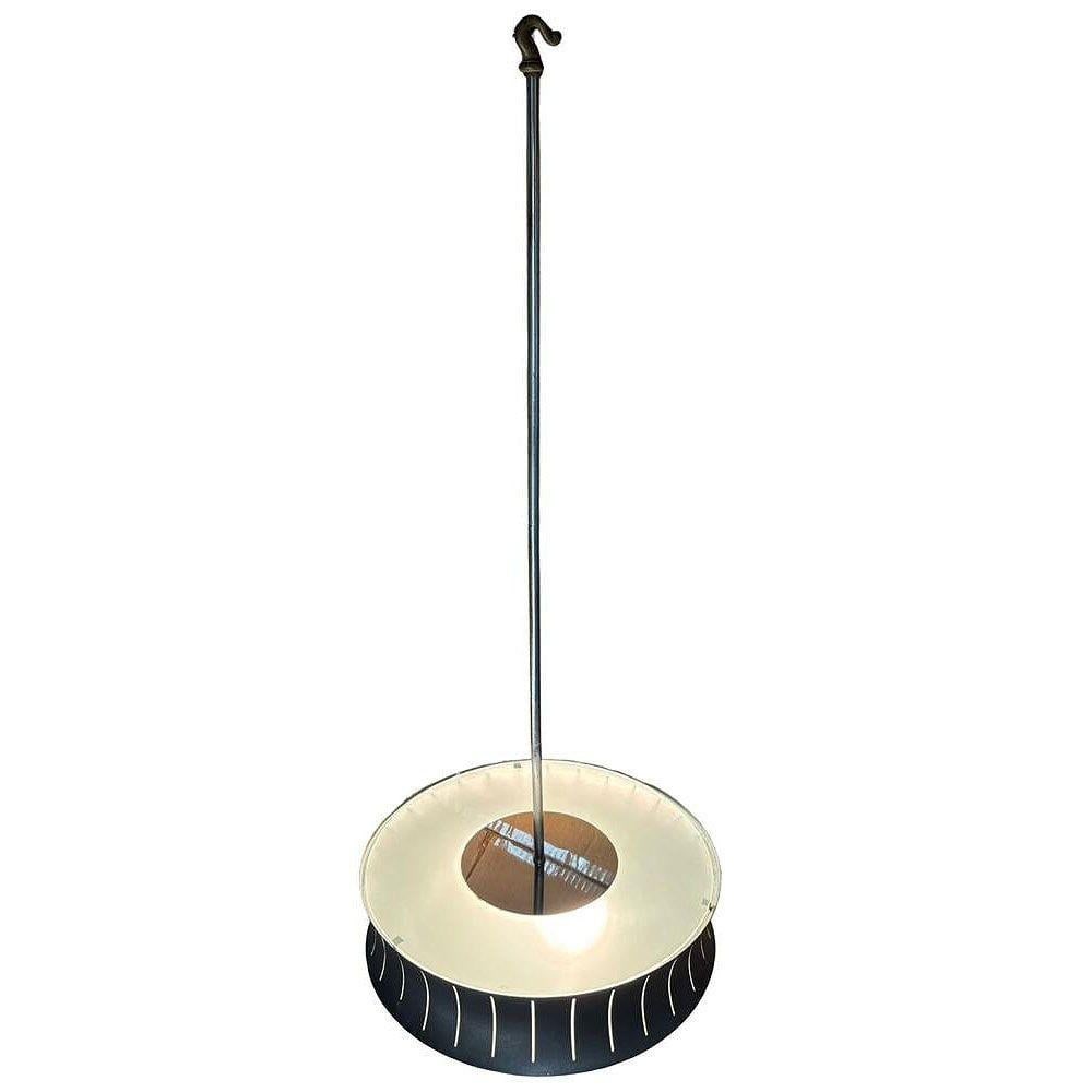 Restored Mid-Century Googie Drum Pendent Black and White Chandelier Lighting - 15