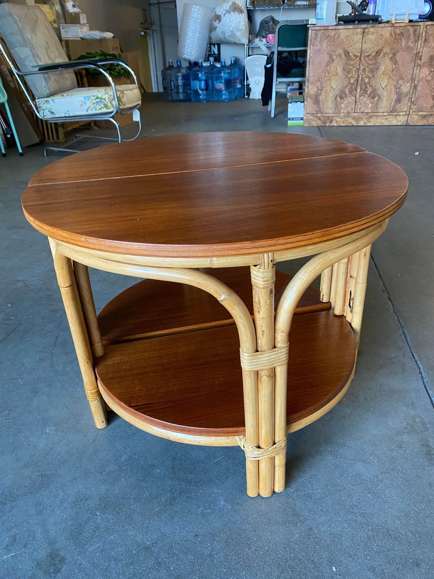 Restored "Half-Round" Side Rattan Coffee Table Pair with Solid Mahogany Top - 4