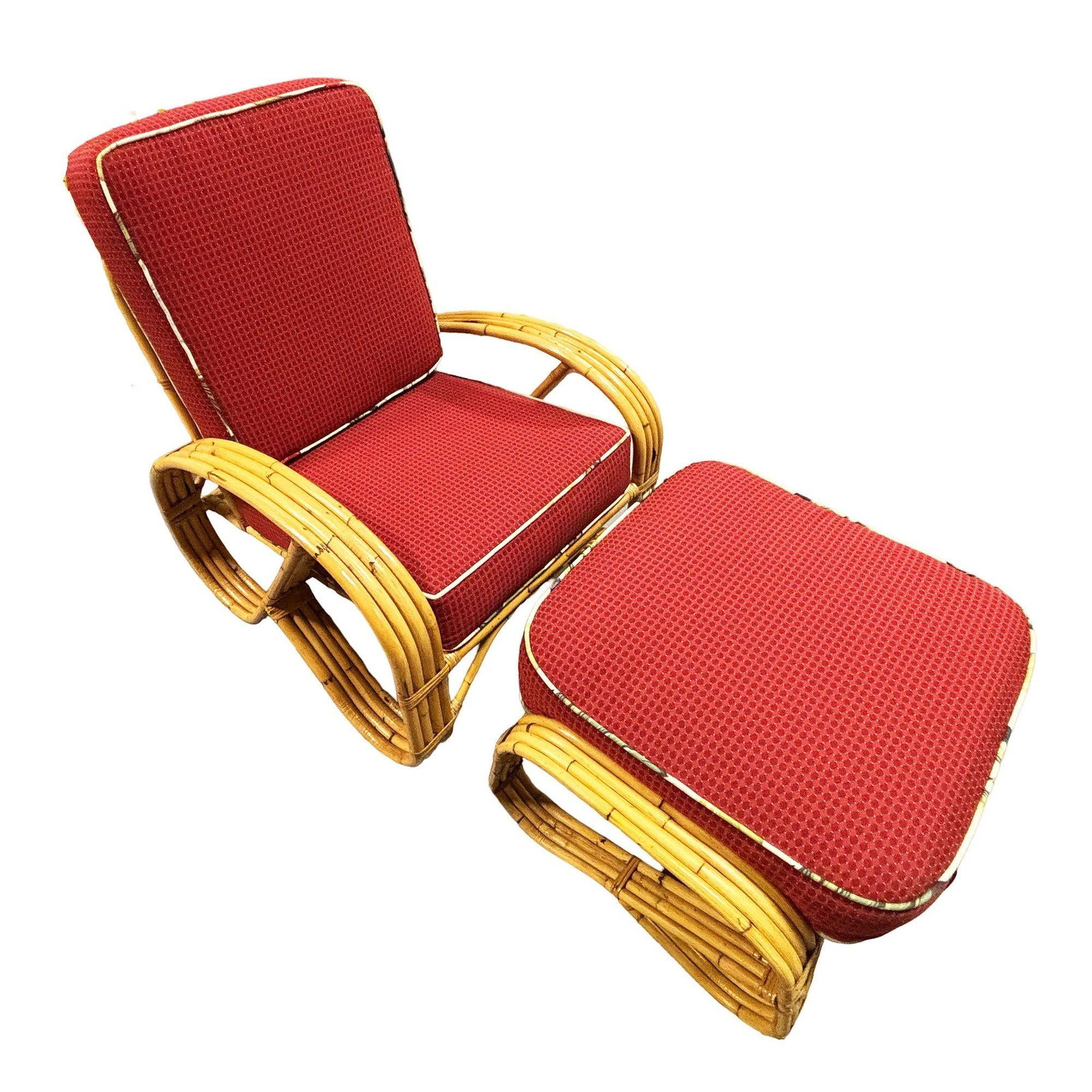 Mid-Century 4-Strand 3/4 Reverse Pretzel Rattan Lounge Chair w/ Matching Ottoman - 4