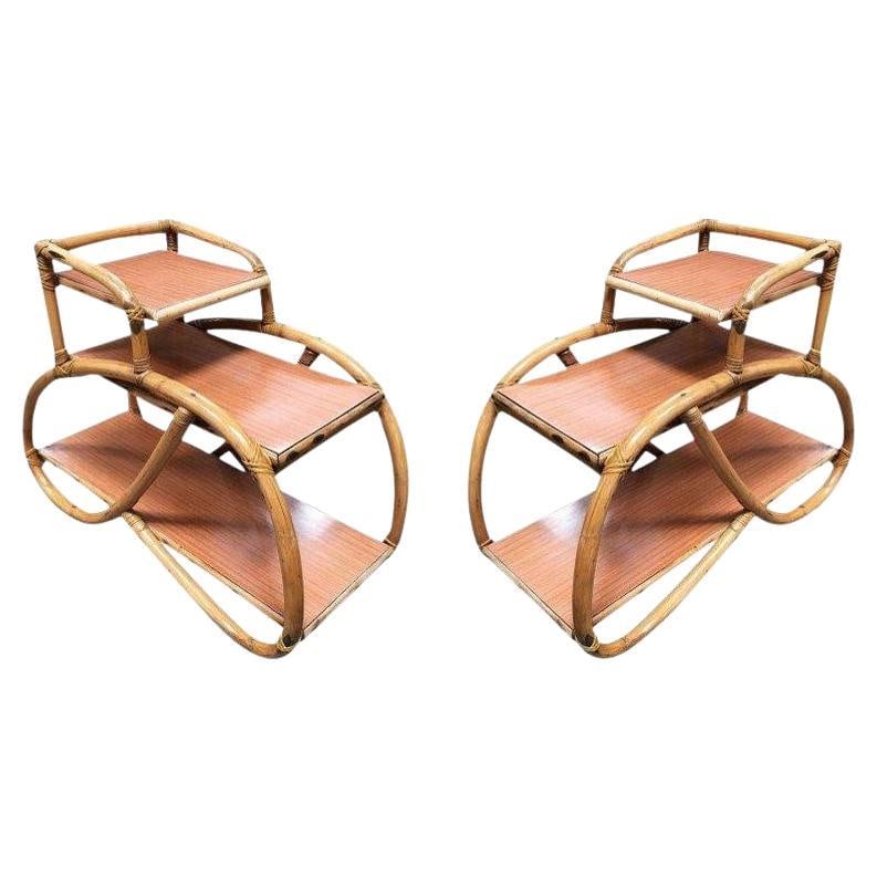 Restored 3/4 Pretzel Rattan Three-Tier Side Table, Pair - 19