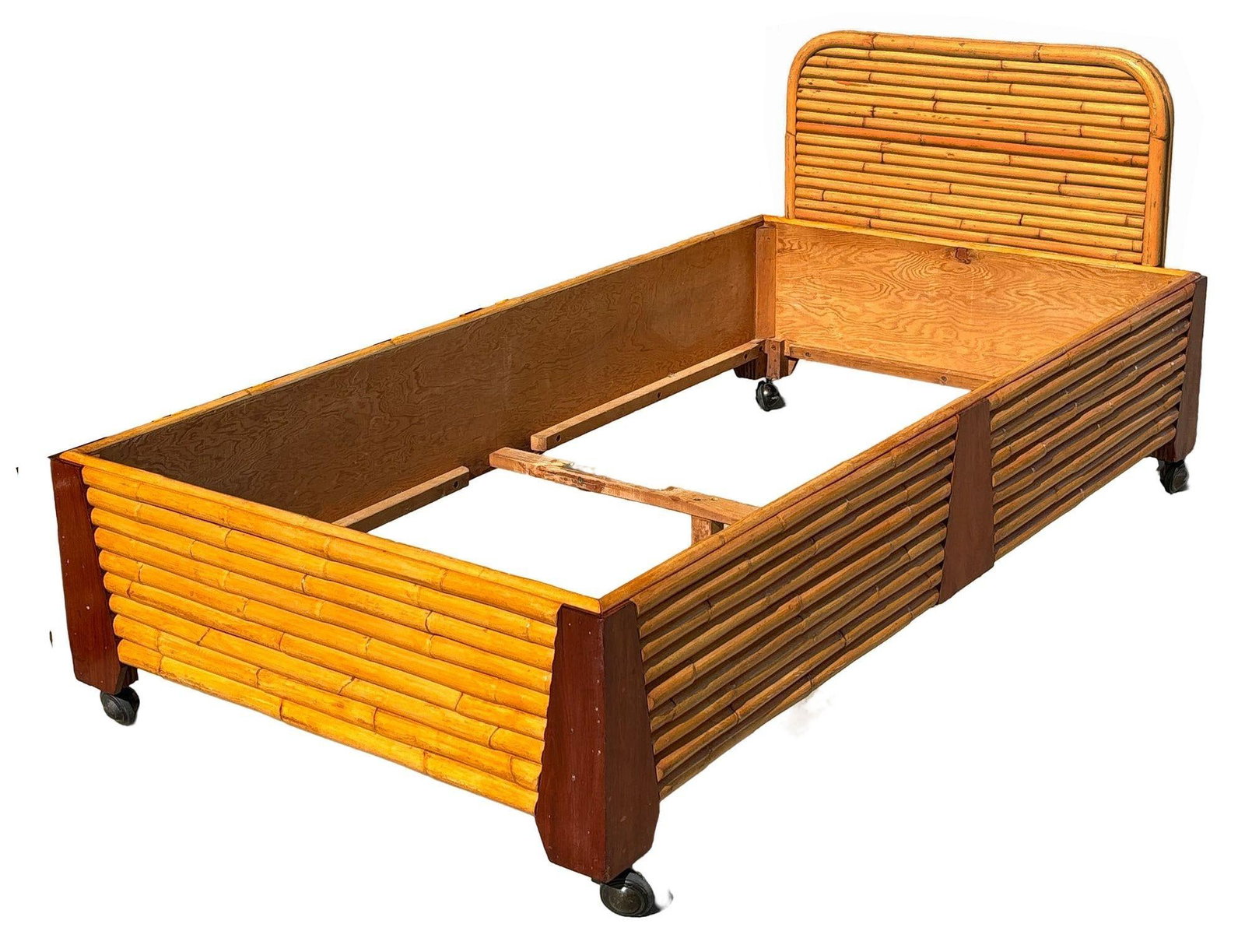 Restored Art Deco Geometric Stacked Rattan and Mahogany Twin Bed Frame - 2