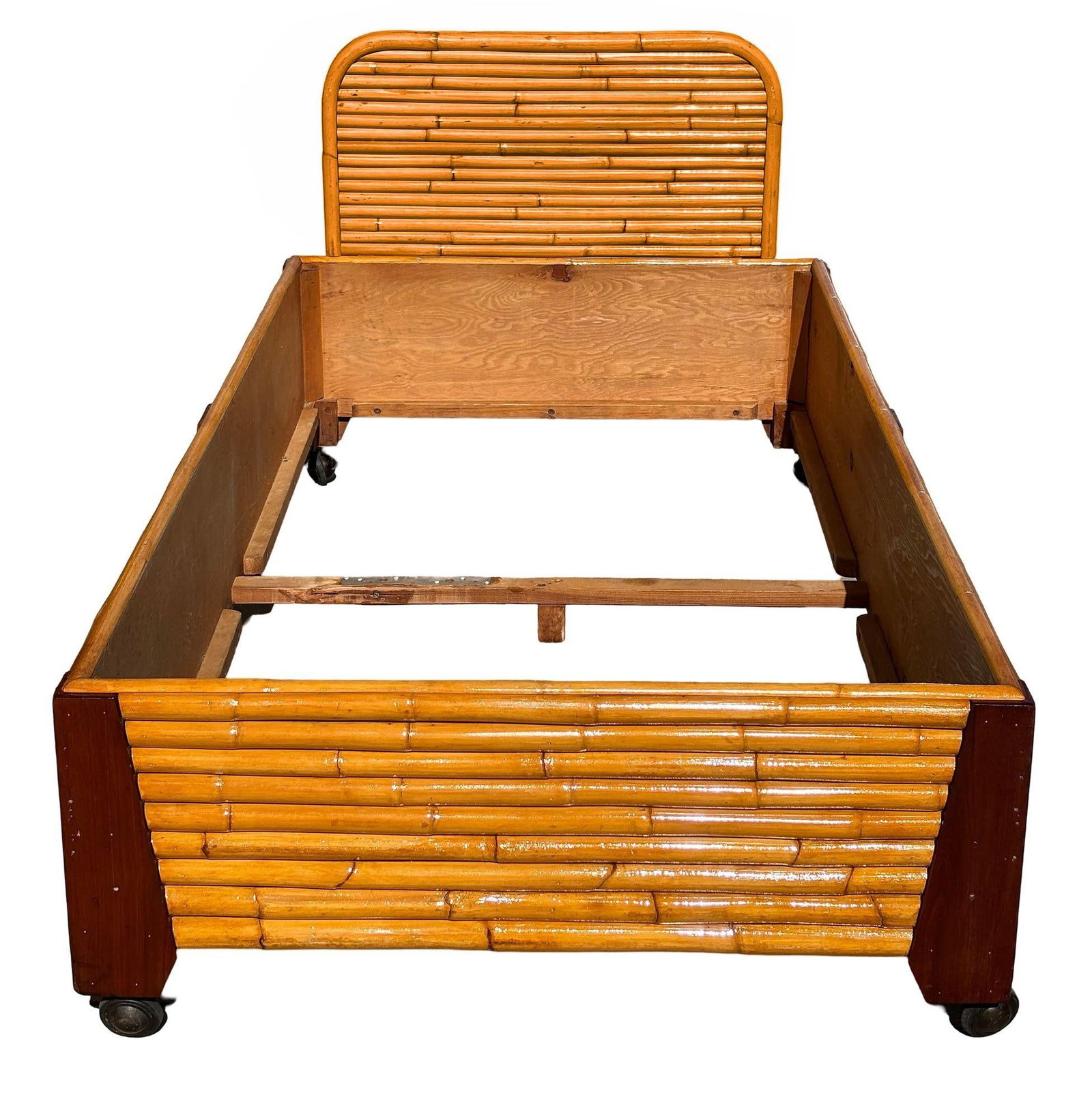 Restored Art Deco Geometric Stacked Rattan and Mahogany Twin Bed Frame - 8