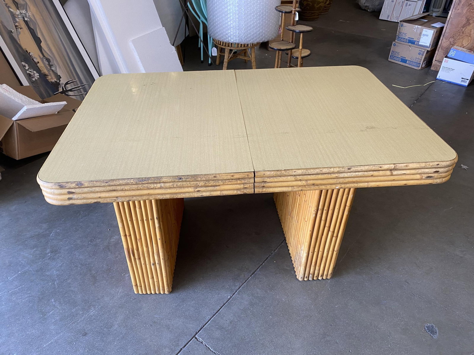 Restored Six-Person Rattan and Formica Dining Table with Vertically Stacked Base - 10