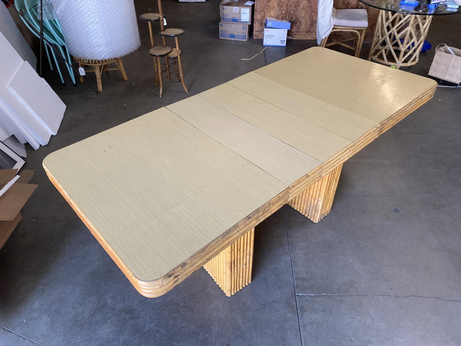 Restored Six-Person Rattan and Formica Dining Table with Vertically Stacked Base - 6