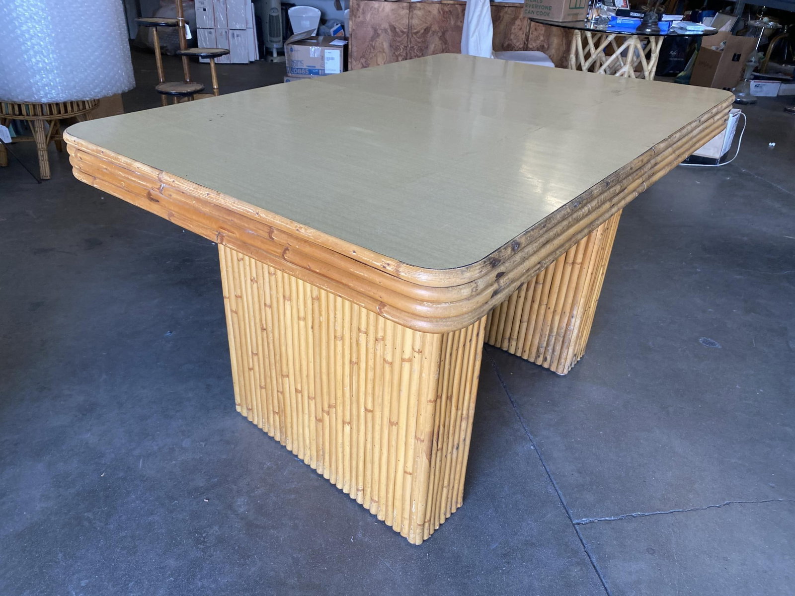 Restored Six-Person Rattan and Formica Dining Table with Vertically Stacked Base - 9