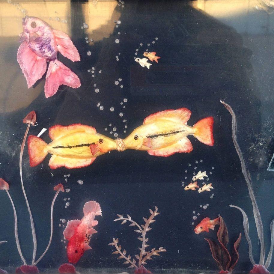 Mid-Century Brass Aquarium Light Up Lamp w/ Shade - 13