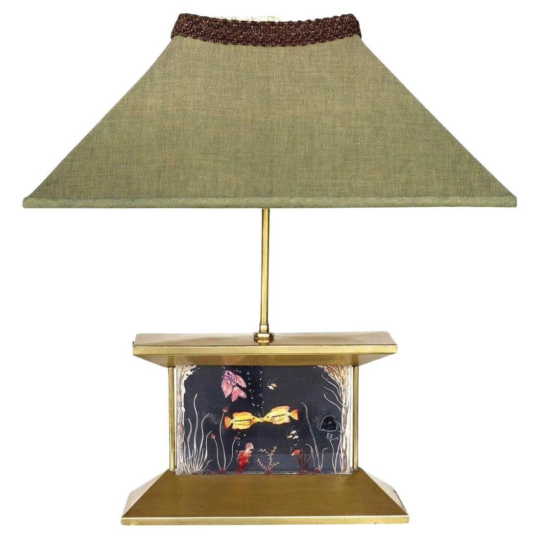 Mid-Century Brass Aquarium Light Up Lamp w/ Shade - 14