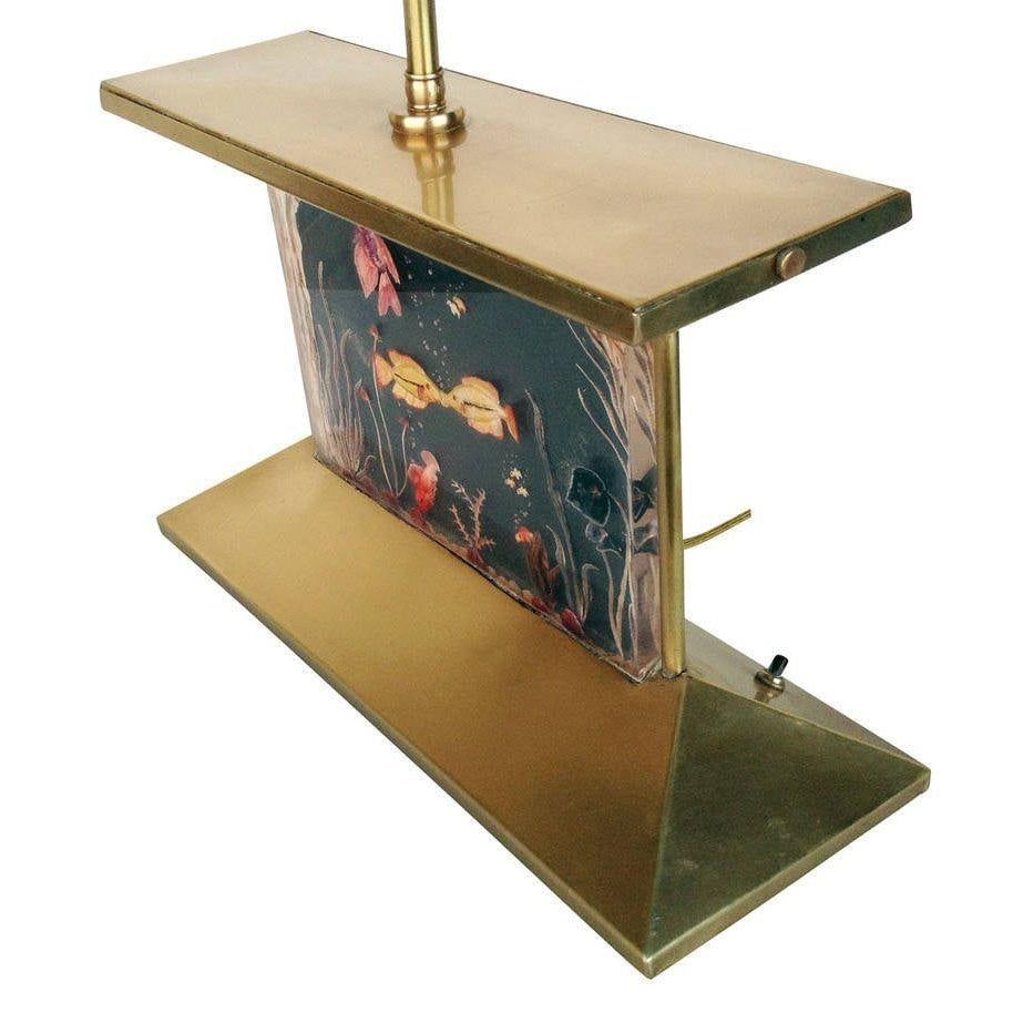 Mid-Century Brass Aquarium Light Up Lamp w/ Shade - 3