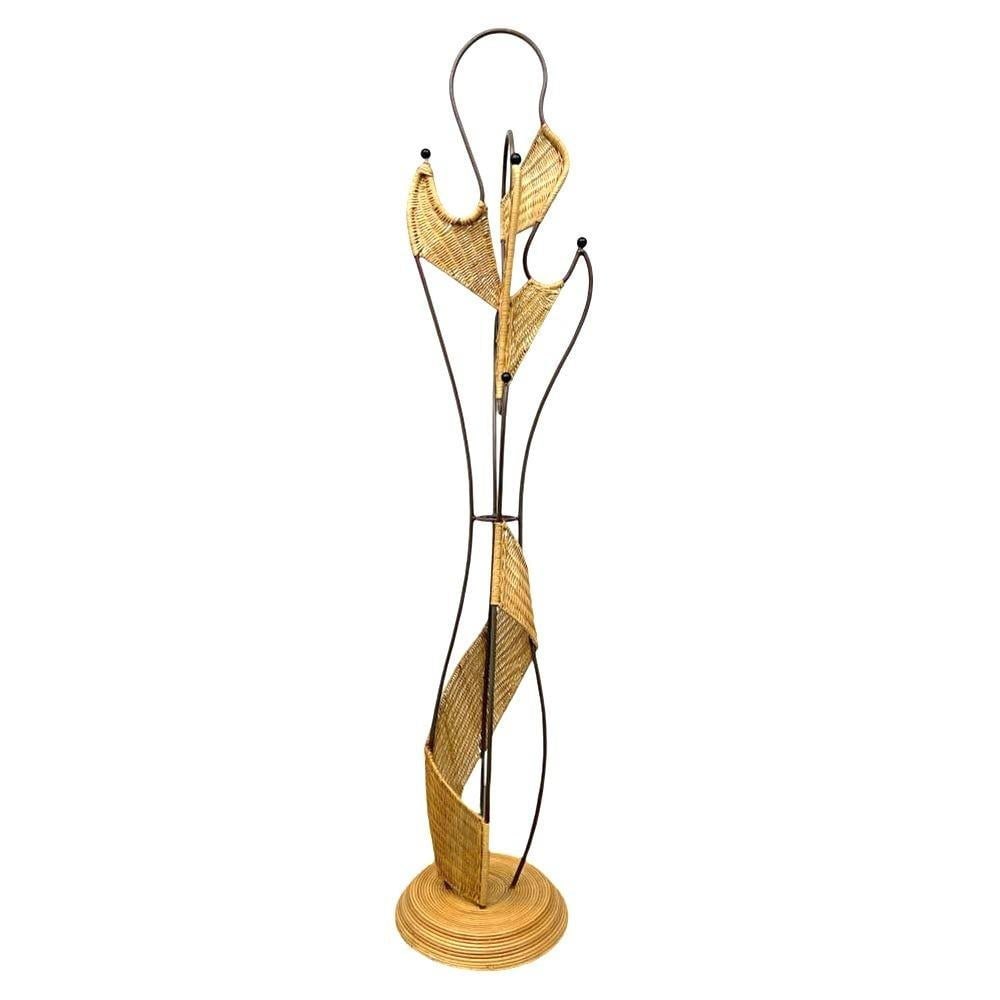 Mid-Century Woven Wicker & Iron Sculptural Coat Rack w/ Reed Pencil Rattan Base - 8