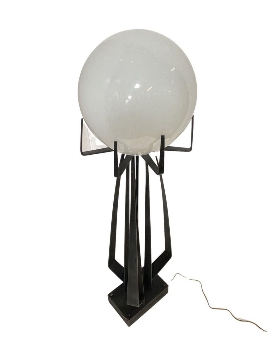 Brutalist Wrought Iron Sculptural Floor Lamp with Glass Shade by Jean Maylon - 6