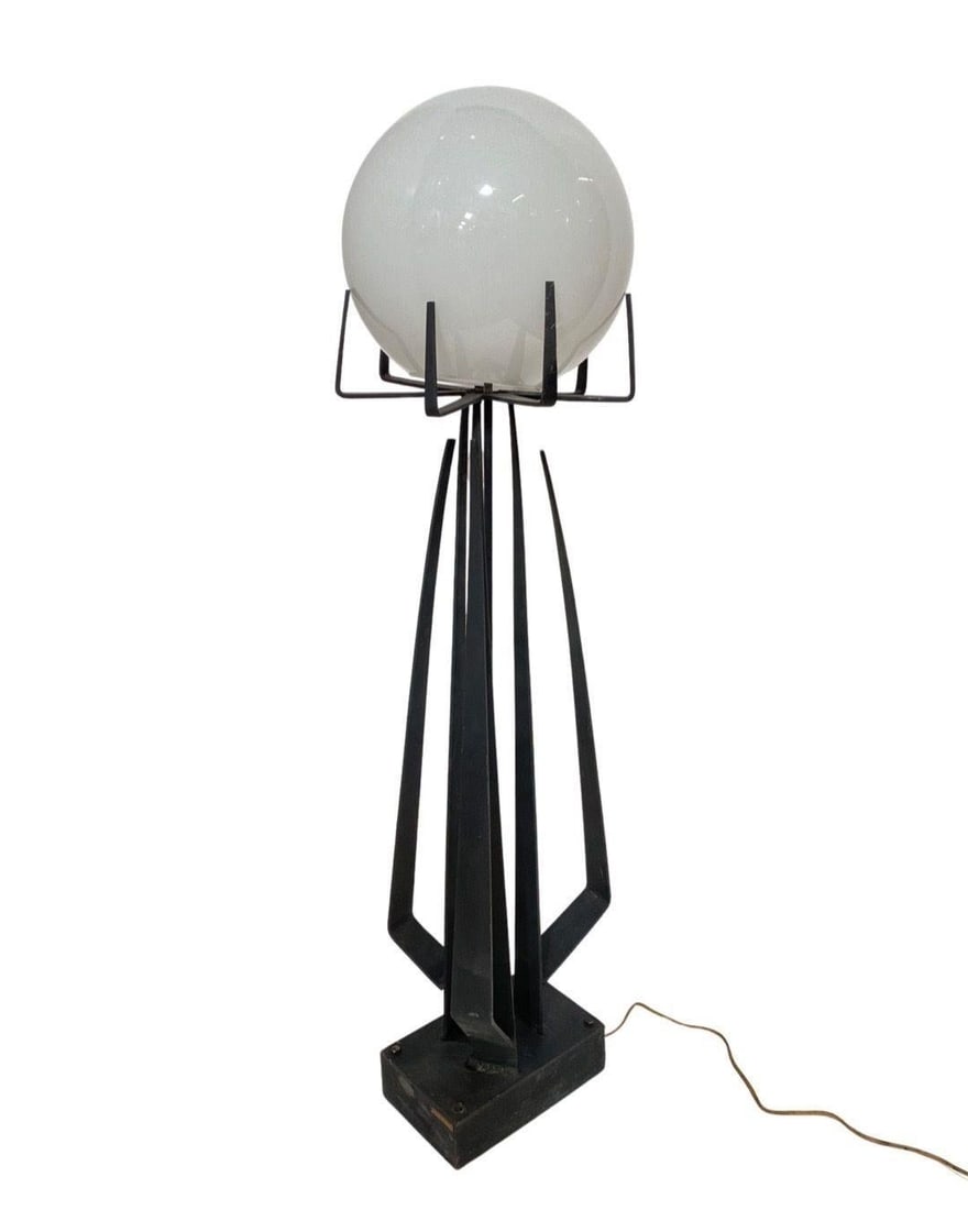 Brutalist Wrought Iron Sculptural Floor Lamp with Glass Shade by Jean Maylon - 9