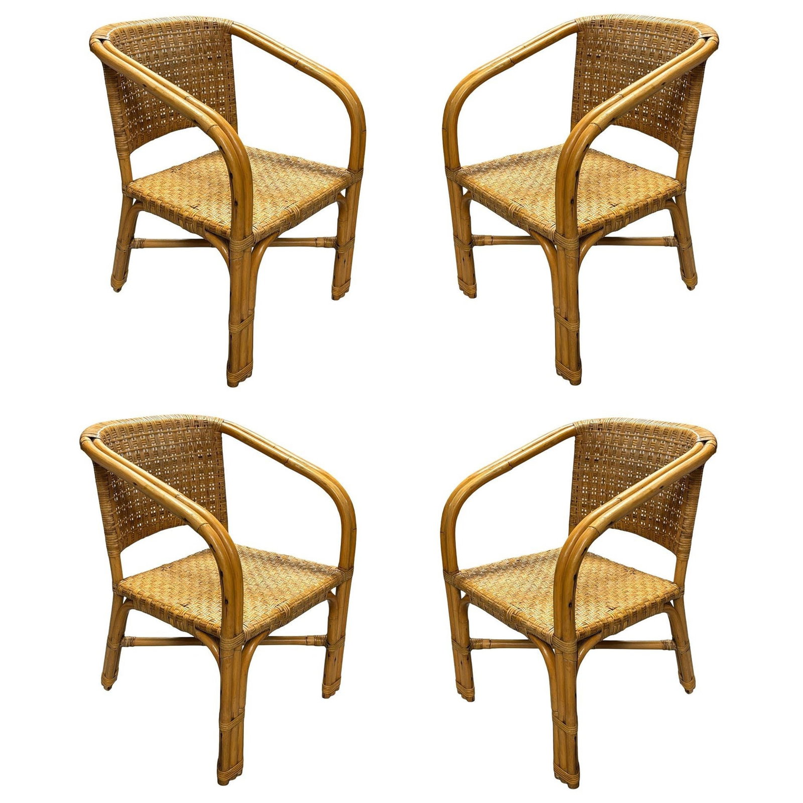 Restored Modern 2-Strand Rattan Armchair Dining Chair w/ Wicker Seat, Set of 4 (1 of 20)