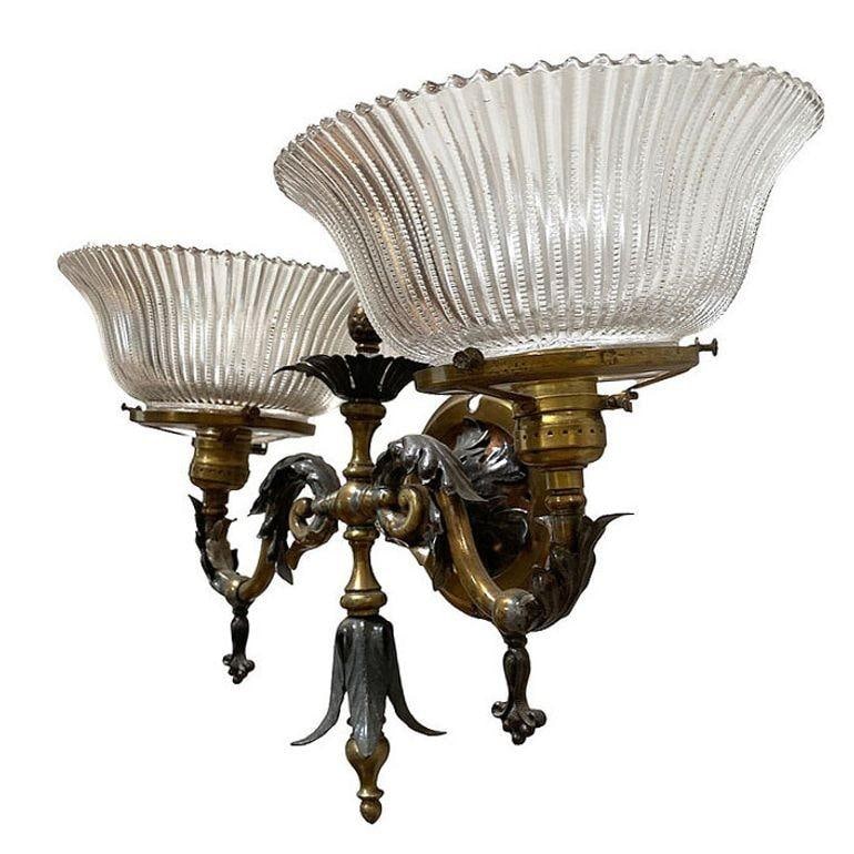 Electrified Late Victorian Baroque Brass Gas Sconces w/ Shade, Pair - 5