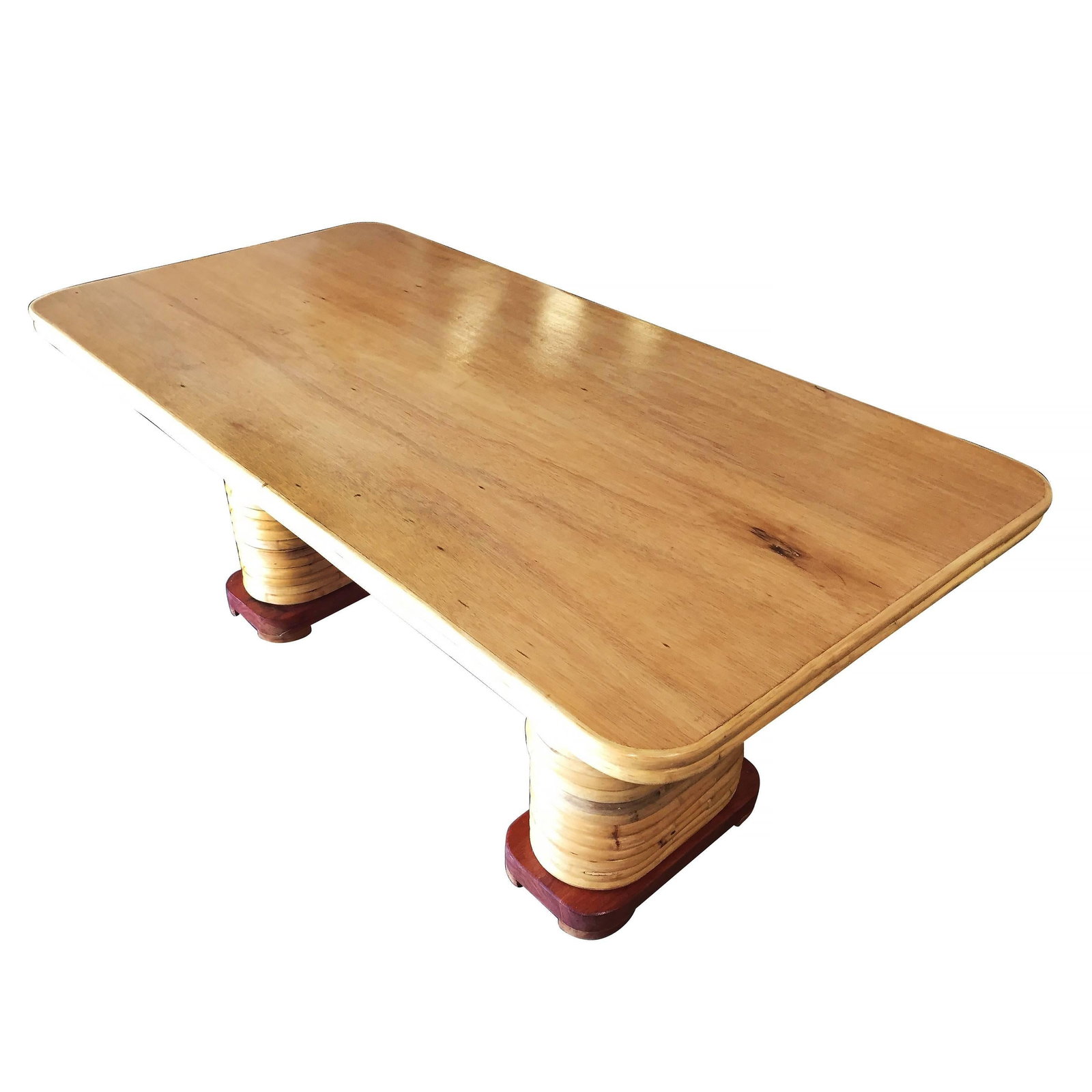 Restored Large Blonde Rectangle Rattan Dining Table with Mahogany Top - 12