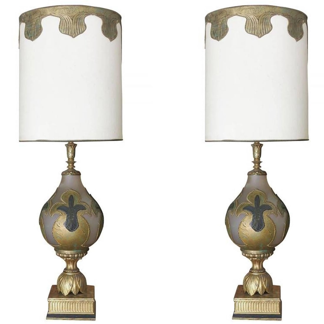 Hand Painted Impasto Frosted Glass Midcentury Table Lamp Pair with Shade - 6