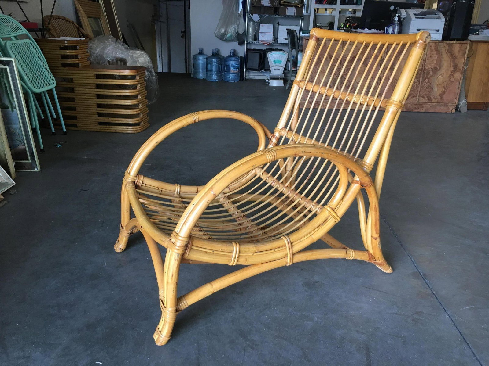 Restored Two-Strand Slope Seat Rattan Chaise Lounge With Ottoman - 12
