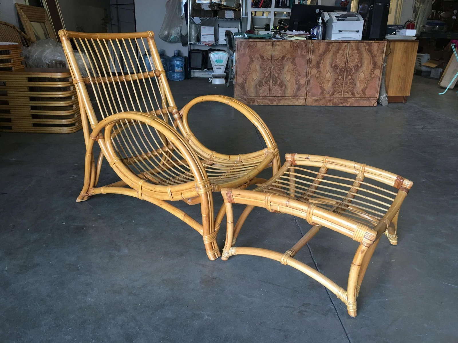Restored Two-Strand Slope Seat Rattan Chaise Lounge With Ottoman - 9