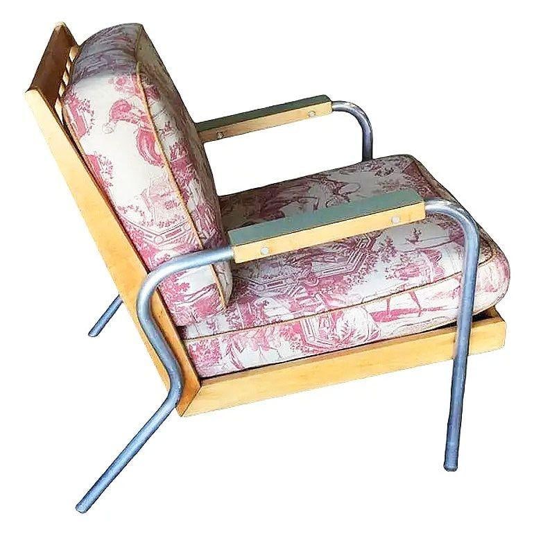 Rare Mid-Century Chrome Tubular Steel & Blonde Oak Lounge Chair by Hill-Rom Pair - 4