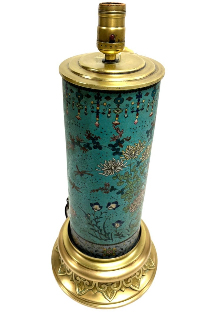 Vintage Cloisonne Inlaid Floral Turquoise Table Lamp - 3