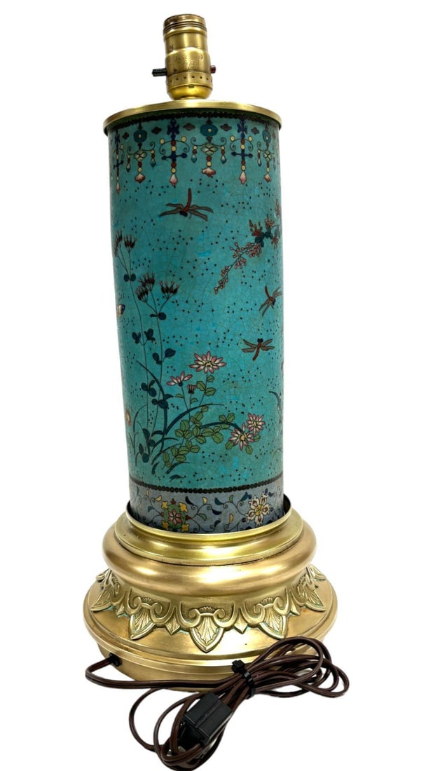 Vintage Cloisonne Inlaid Floral Turquoise Table Lamp - 4
