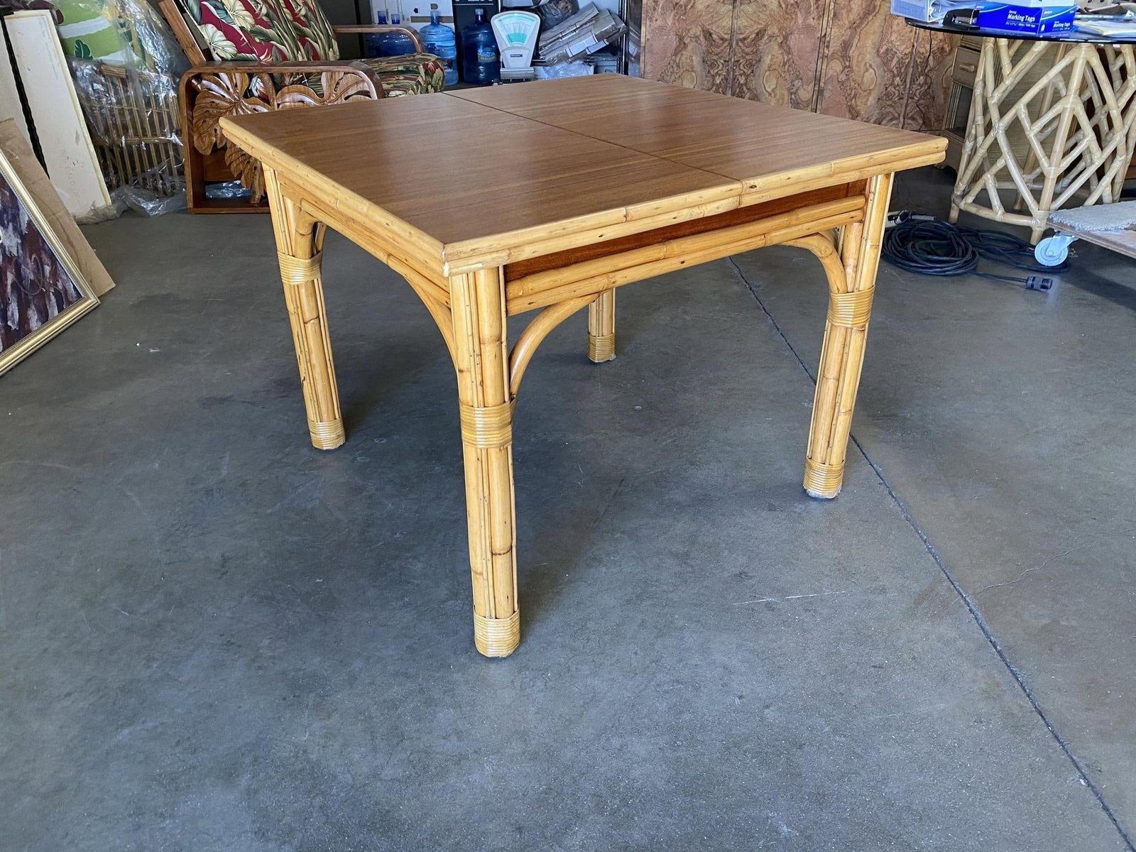 Mid Century Rattan and Mahogany Expandable Dining Table w/ Leaves - 3