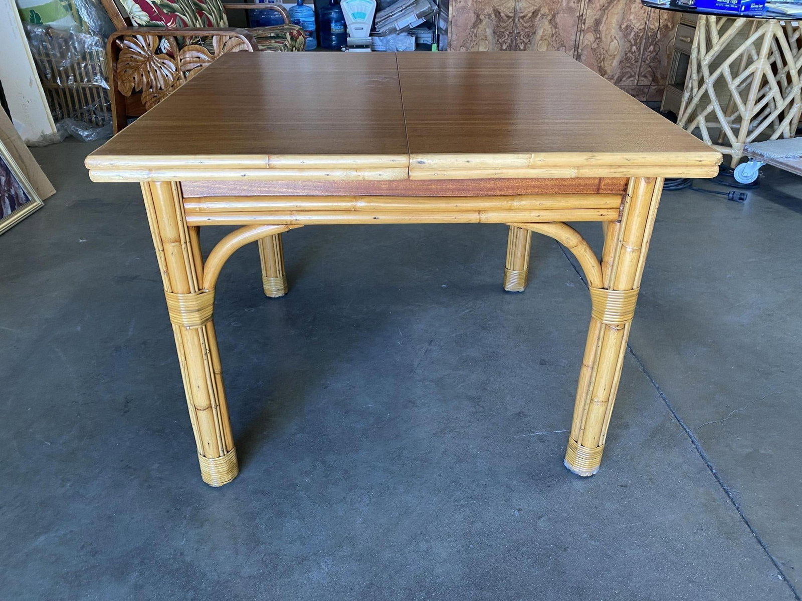 Mid Century Rattan and Mahogany Expandable Dining Table w/ Leaves - 5