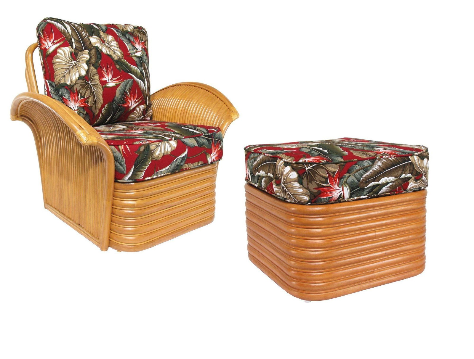 Art Deco Style "Golden Girls" Rattan Fan Arm Lounge Chair w/ Ottoman Set - 8