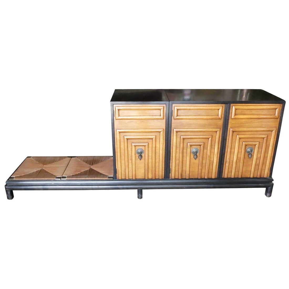 Renzo Rutili Storage Cabinet with Bench for Johnson Furniture: Title: Renzo Rutili Storage Cabinet with Bench for Johnson Furniture Description: Renzo Rutili for Johnson Furniture Company chest with bench, circa late 1950s. This Asian influenced example has