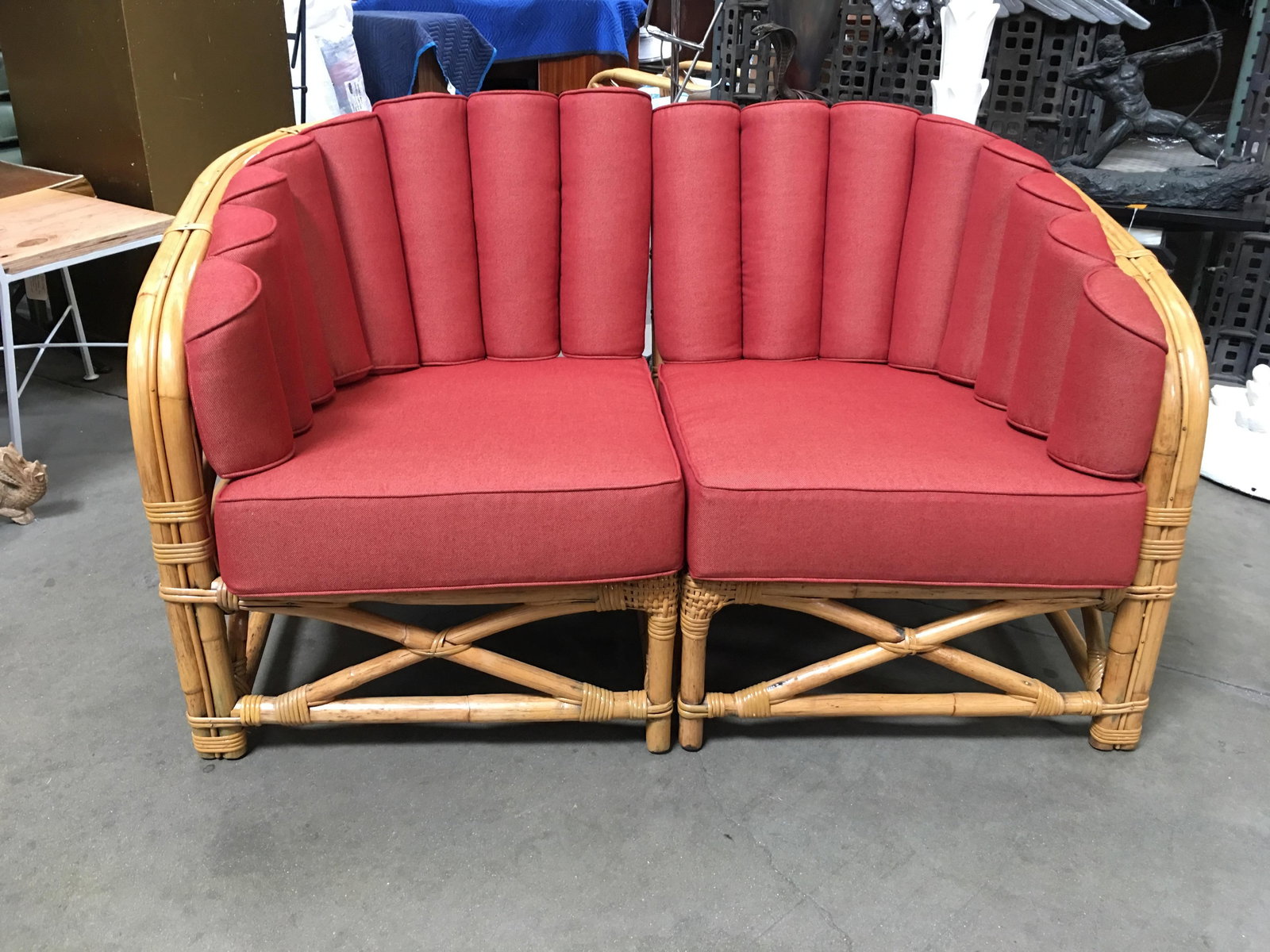 Restored Art Deco Rattan Shell Back Rattan Sectional Loveseat Sofa - 8