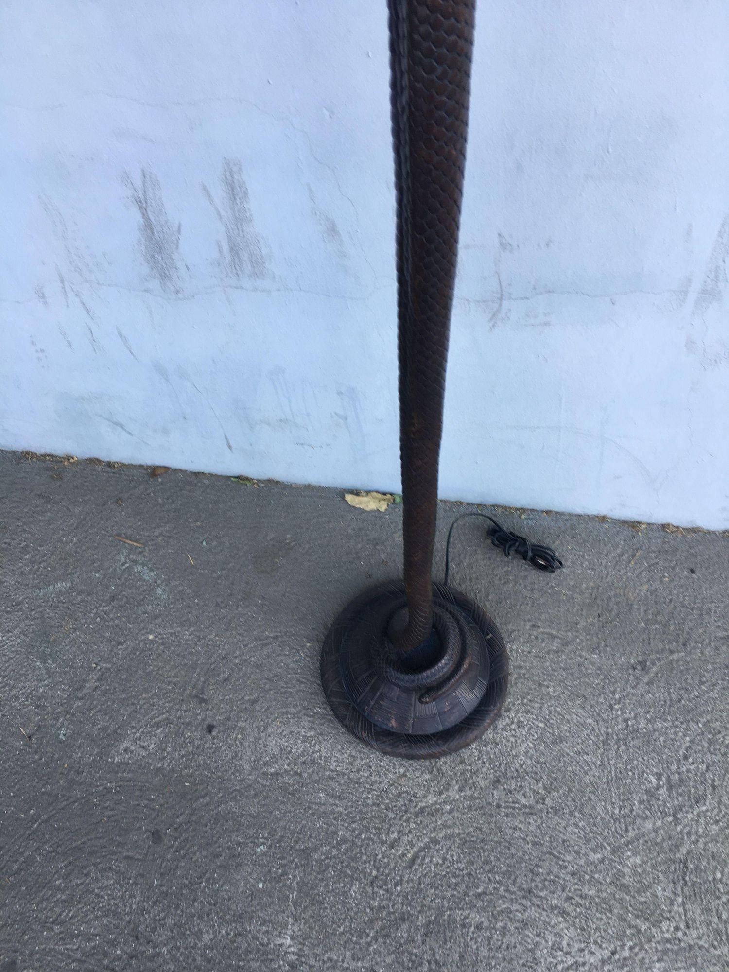 Edgar Brandt Style Bronze Snake Floor Lamp W/ Stained Glass Shade, 2 Available - 3