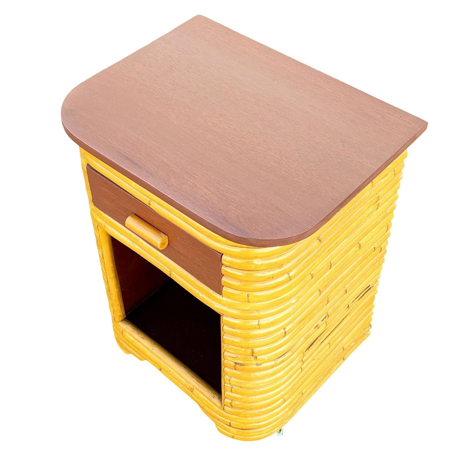 Restored Streamline Art Deco Stacked Rattan Bedside Table W/ Mahogany Top, Cubby - 4
