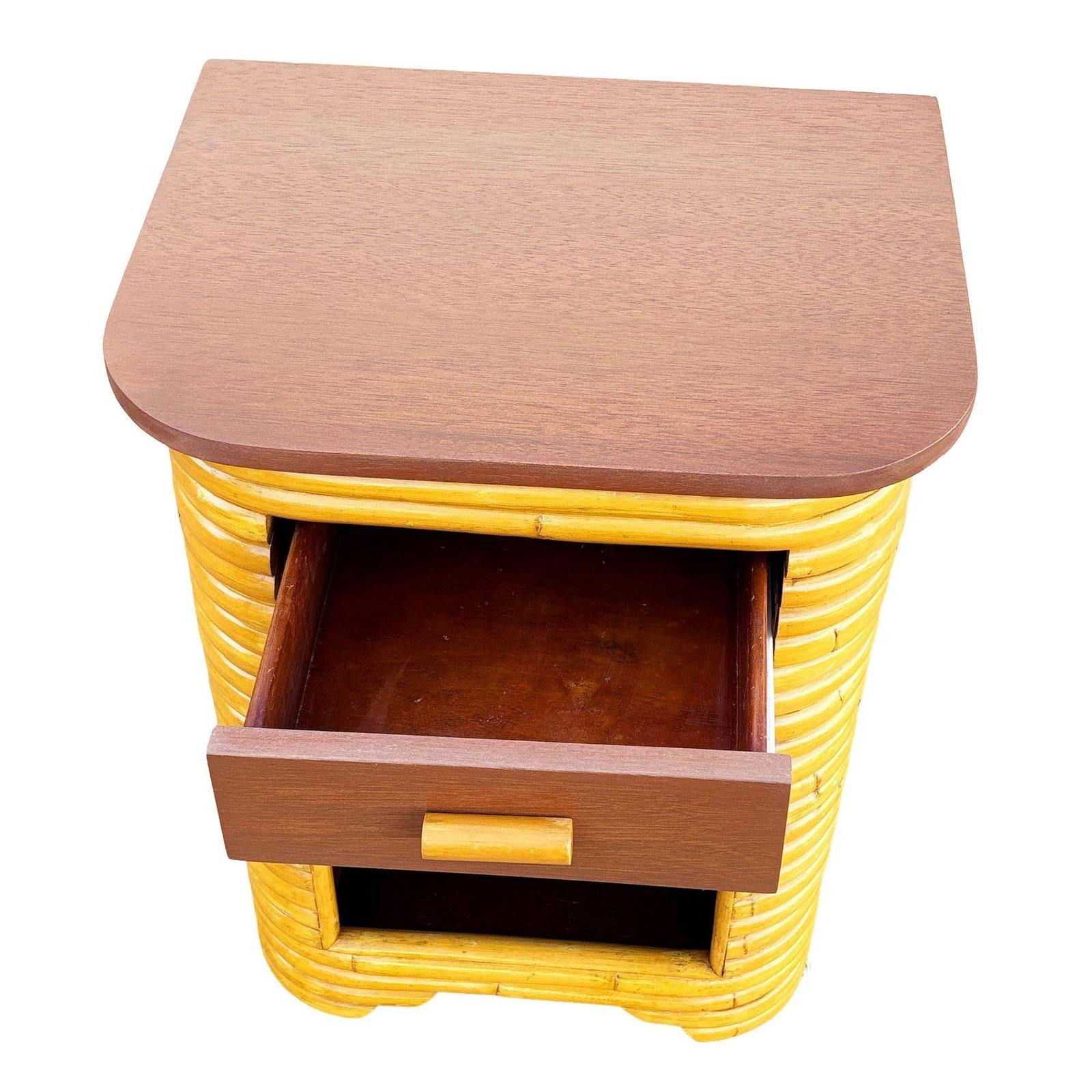 Restored Streamline Art Deco Stacked Rattan Bedside Table W/ Mahogany Top, Cubby - 5