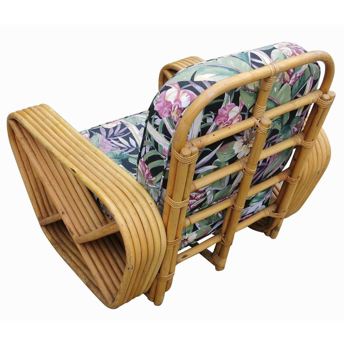 Restored Paul Frankl Style Six-Strand Square Pretzel Rattan Lounge Chair Ottoman - 3