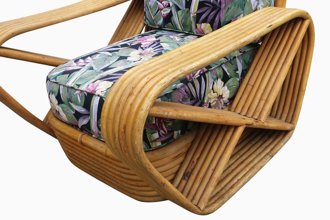 Restored Paul Frankl Style Six-Strand Square Pretzel Rattan Lounge Chair Ottoman - 4