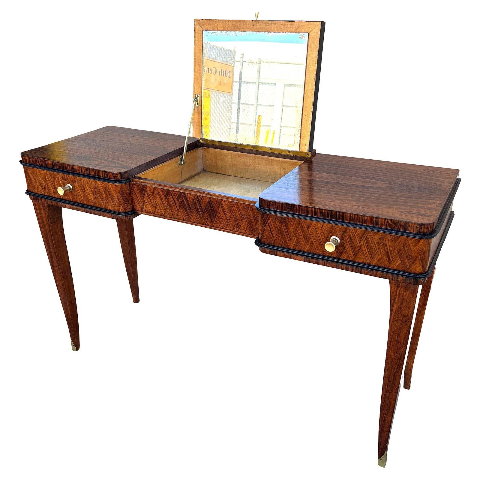 French Art Deco Flip Top Madagascar Rosewood & Brass Dressing Table Vanity - 9